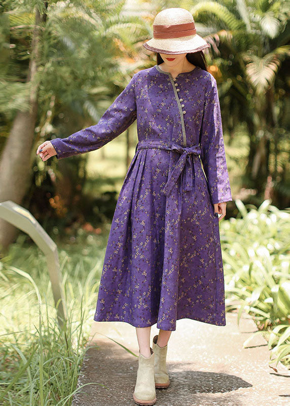 Italian Purple V Neck Print Maxi Dresses Long Sleeve