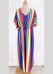 Italian Rainbow Striped Drawstring Elastic Waist Maxi Dress Half Sleeve