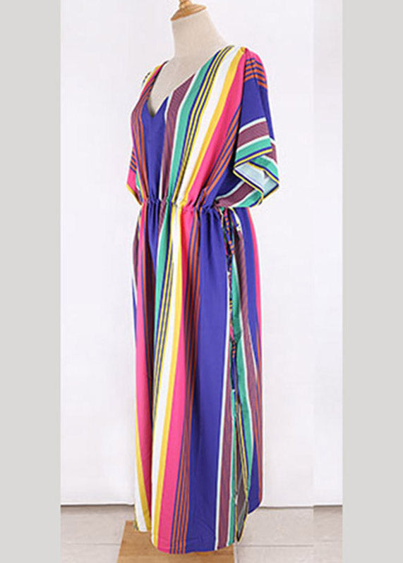 Italian Rainbow Striped Drawstring Elastic Waist Maxi Dress Half Sleeve