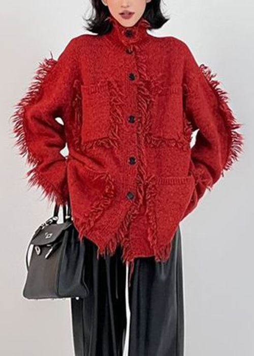 Italian Red Button Pockets Cotton Knit Coats Long Sleeve