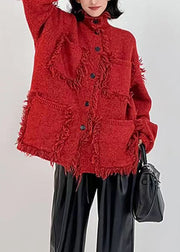 Italian Red Button Pockets Cotton Knit Coats Long Sleeve