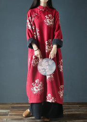 Italian Red Button Print Patchwork Fleece Long Dress Spring
