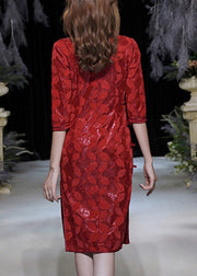 Italian Red Button Side Open Patchwork Lace Dress Bracelet Sleeve