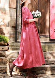 Italian Red Clothes For Women O Neck Pockets Maxi Spring Dress - SooLinen