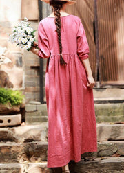 Italian Red Clothes For Women O Neck Pockets Maxi Spring Dress - SooLinen