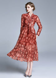 Italian Red Embroidered Bow Ruffled Patchwork Chiffon Dresses Long Sleeve