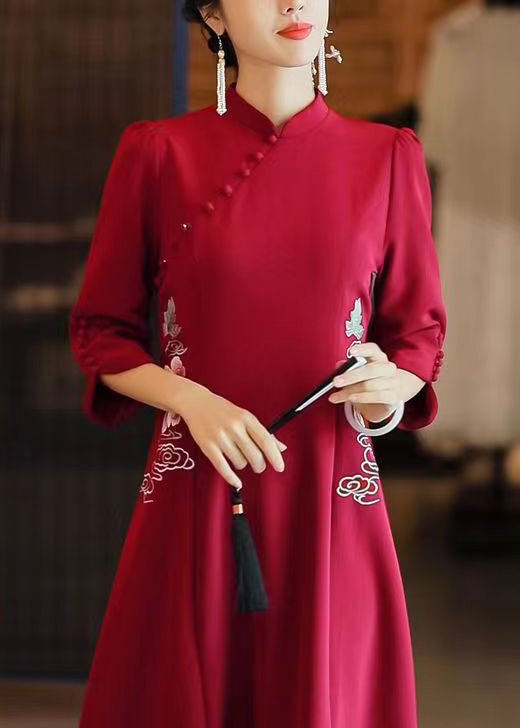 Italian Red Embroidered Button Side Open Silk Long Dresses Fall