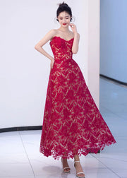 Italian Red Embroidered Hollow Out Lace Maxi Dresses Summer