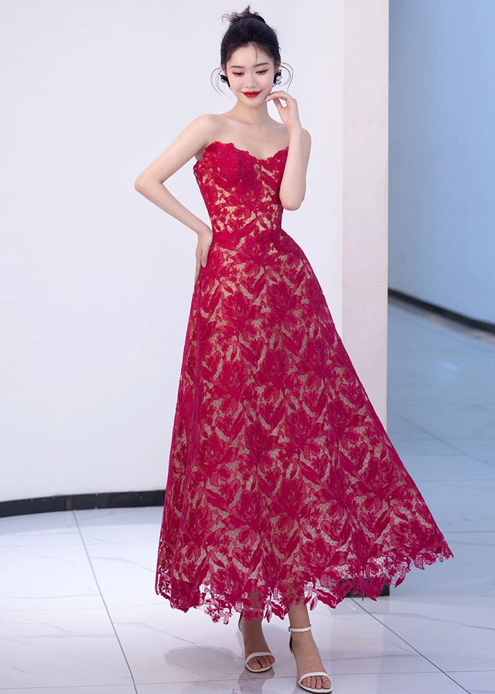 Italian Red Embroidered Hollow Out Lace Maxi Dresses Summer