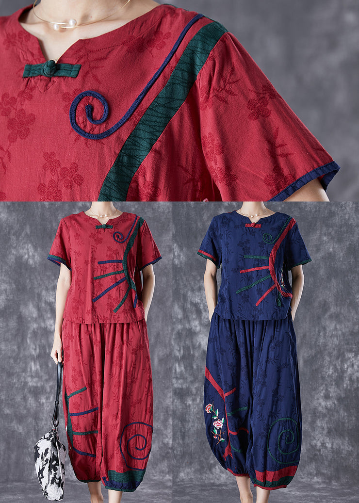 Italian Red Embroidered Patchwork Cotton Two Pieces Set Summer