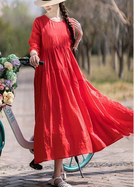 Italian Red Half Sleeve O-Neck Summer Linen Dress - SooLinen