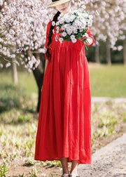 Italian Red Half Sleeve O-Neck Summer Linen Dress - SooLinen