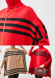 Italian Red High Neck Oversized Striped Knit Sweater Tops Fall