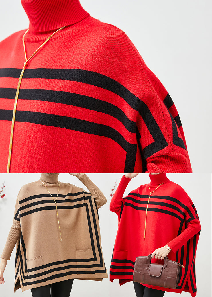 Italian Red High Neck Oversized Striped Knit Sweater Tops Fall