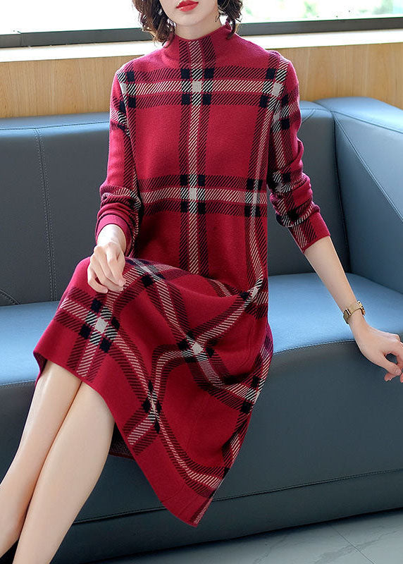 Italian Red High Neck Plaid Cashmere Knit Sweater Dress Long Sleeve