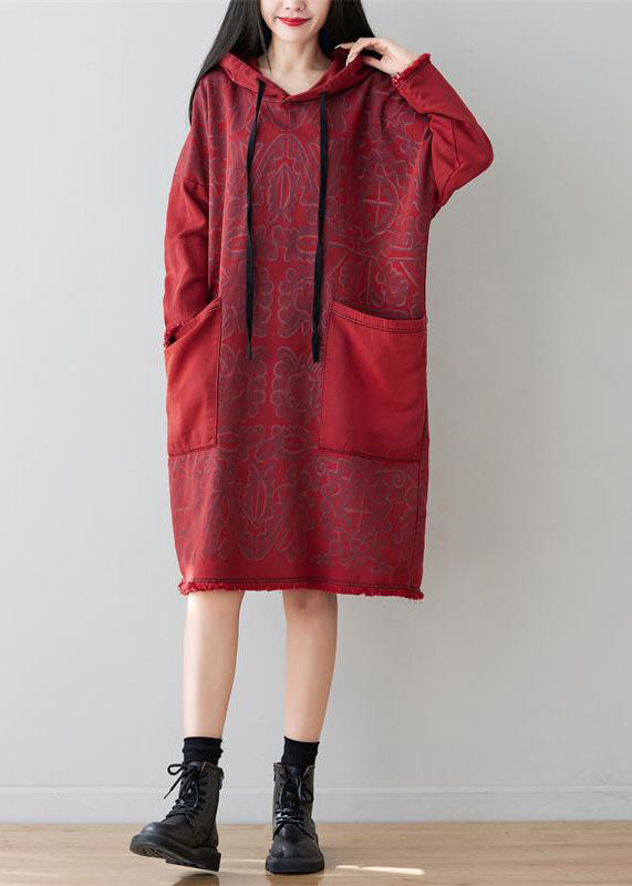 Italian Red Hooded Patchwork Denim Mid Dress Spring