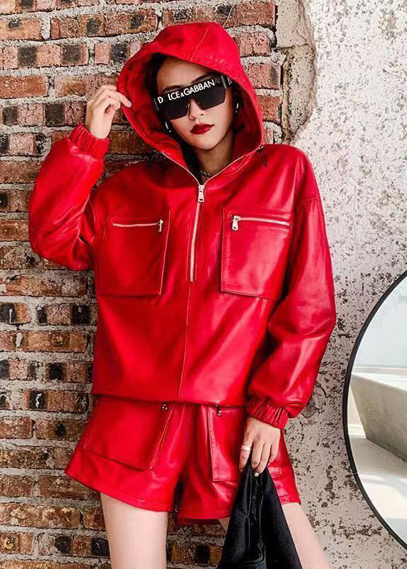 Italian Red Hooded Patchwork Faux Leather Two Piece Set Clothing Fall