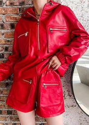 Italian Red Hooded Patchwork Faux Leather Two Piece Set Clothing Fall