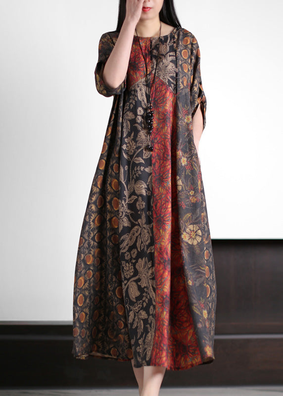 Italian Red O-Neck Print Patchwork Silk Long Dress Half Sleeve