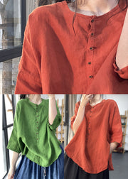 Italian Red O-Neck asymmetrical design Linen Shirts Three Quarter Sleeve