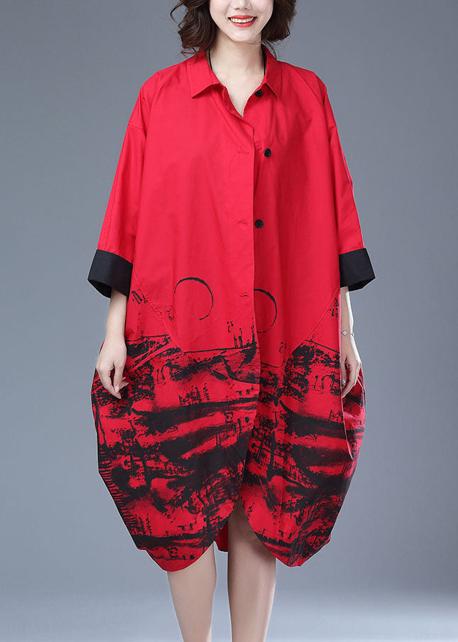 Italian Red Print Button Pockets Patchwork Cotton Long Trench Coat Fall