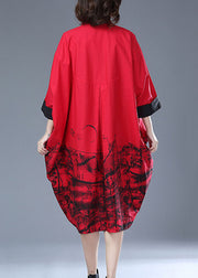 Italian Red Print Button Pockets Patchwork Cotton Long Trench Coat Fall