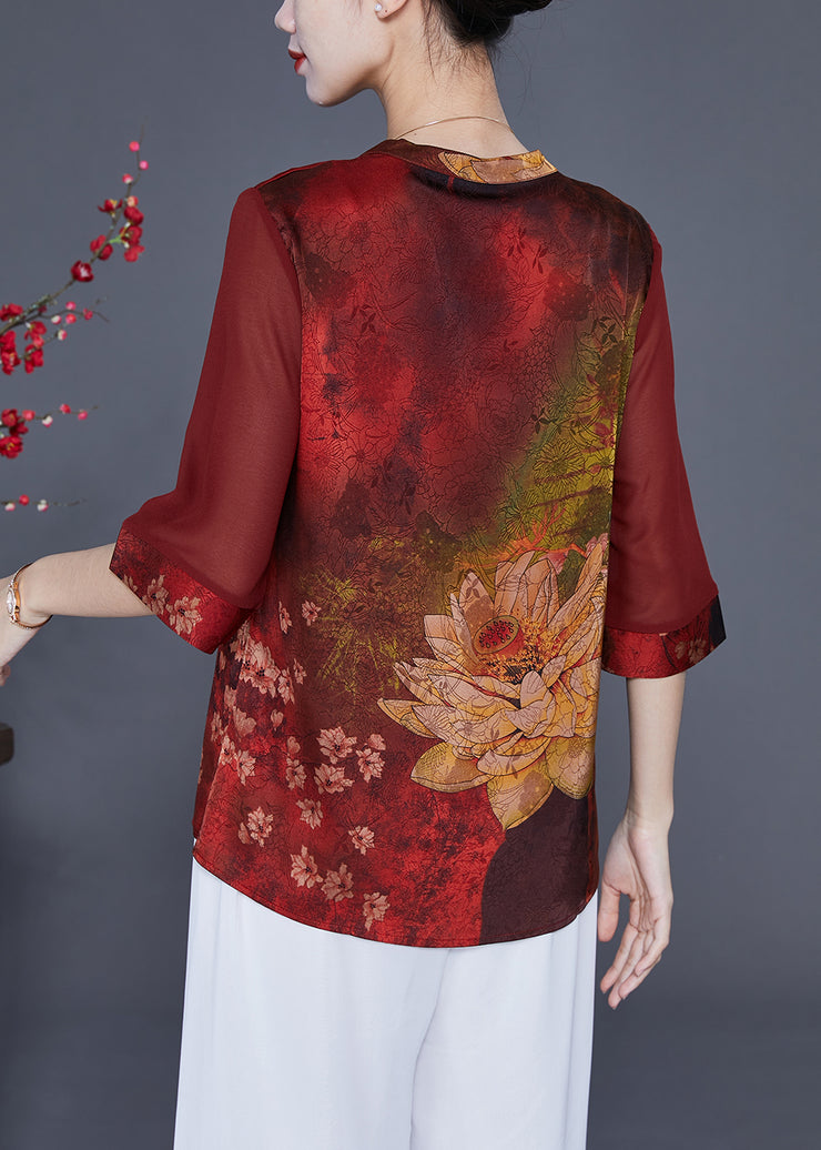 Italian Red Print Patchwork Silk Blouses Half Sleeve