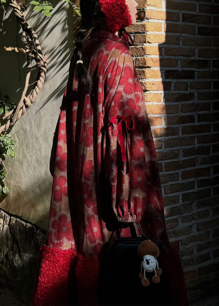 Italian Red Print Teddy Faux Fur Patchwork Shirts Dress Long Sleeve