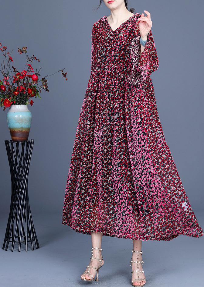 Italian Red Print flare sleeve Summer Silk Maxi Dresses - SooLinen