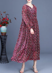 Italian Red Print flare sleeve Summer Silk Maxi Dresses - SooLinen