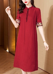 Italian Red Stand Collar Embroidered Maxi Dresses Short Sleeve