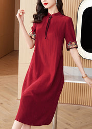 Italian Red Stand Collar Embroidered Maxi Dresses Short Sleeve