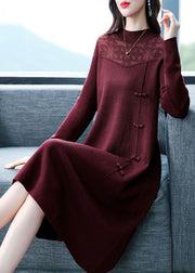Italian Red Stand Collar Patchwork Oriental Cashmere Knitwear Dress Winter