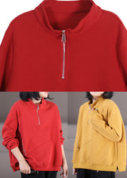 Italian Red Stand Collar Zippered Patchwork Sweatshirt Fall