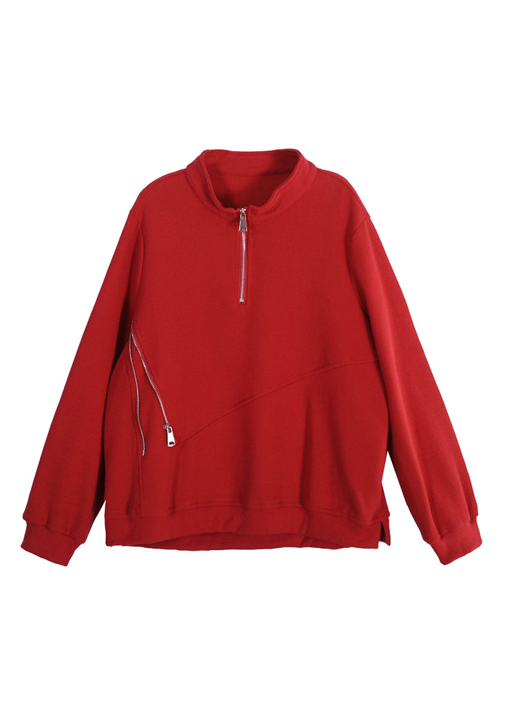 Italian Red Stand Collar Zippered Patchwork Sweatshirt Fall