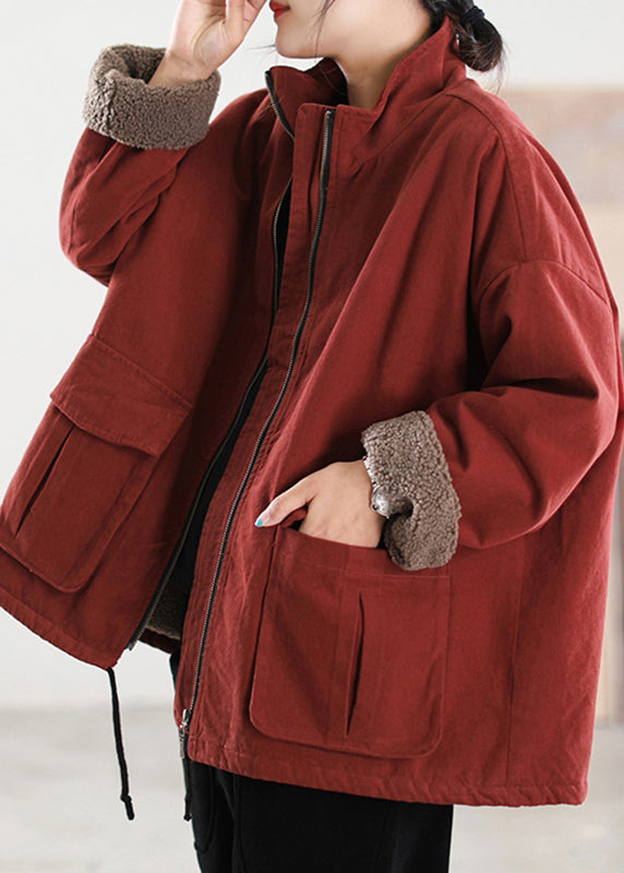 Italian Red Stand Collar Zippered Pockets Coats Winter
