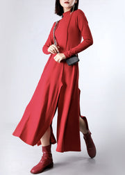 Italian Red Stand Patchwork Asymmetrical Design Fall Dresses Long sleeve