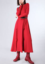 Italian Red Stand Patchwork Asymmetrical Design Fall Dresses Long sleeve