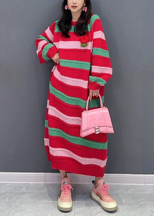 Italian Red Striped O Neck Patchwork Cotton Knit Dresses Fall