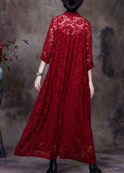 Italian Red V Neck Asymmetrical Patchwork Lace Maxi Dresses Long Sleeve