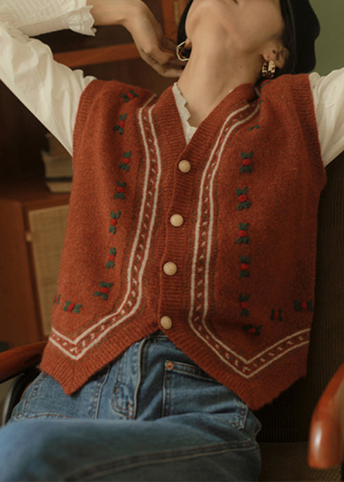 Italian Red V Neck Button Patchwork Knit Waistcoat Sleeveless
