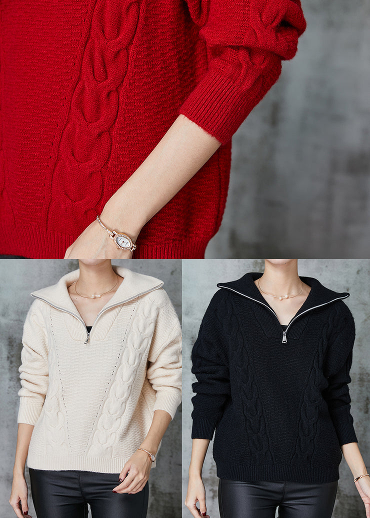 Italian Red Zip Up Cable Knit Sweatshirt Sweater Spring