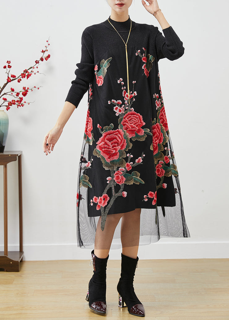 Italian Rose Embroidered Patchwork Knit Long Dress Fall