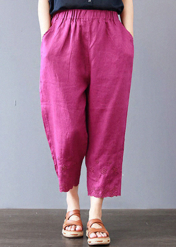 Italian Rose Embroidered Pockets Linen Pants Spring