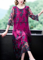 Italian Rose Embroideried Ruffled Patchwork Tulle Dress Half Sleeve