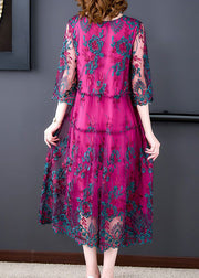 Italian Rose Embroideried Ruffled Patchwork Tulle Dress Half Sleeve