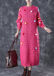 Italian Rose Fuzzy Ball Decorated Knit Long Sweater Dress Winter