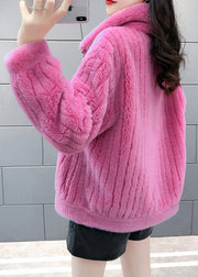 Italian Rose Stand Collar Zippered Faux Fur Coats Winter