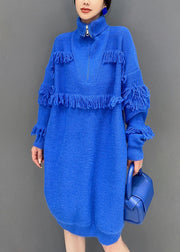 Italian Royal Blue Zip Up Tasseled Cotton Knit Mid Dress Long Sleeve