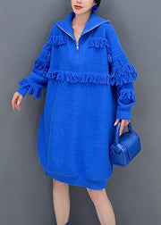Italian Royal Blue Zip Up Tasseled Cotton Knit Mid Dress Long Sleeve